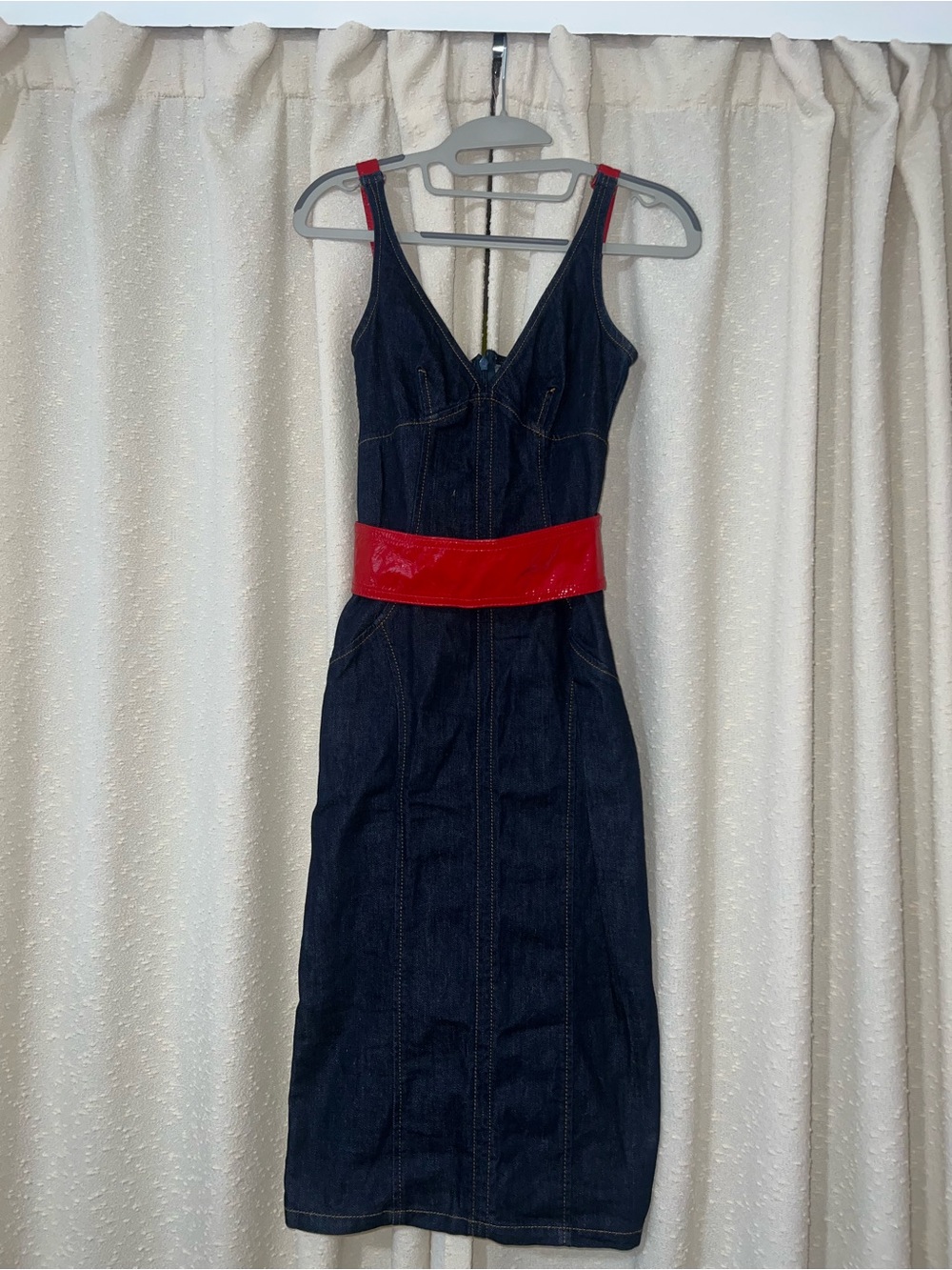 Dolce & Gabbana Dark Blue Denim Midi Dress with Red Belt